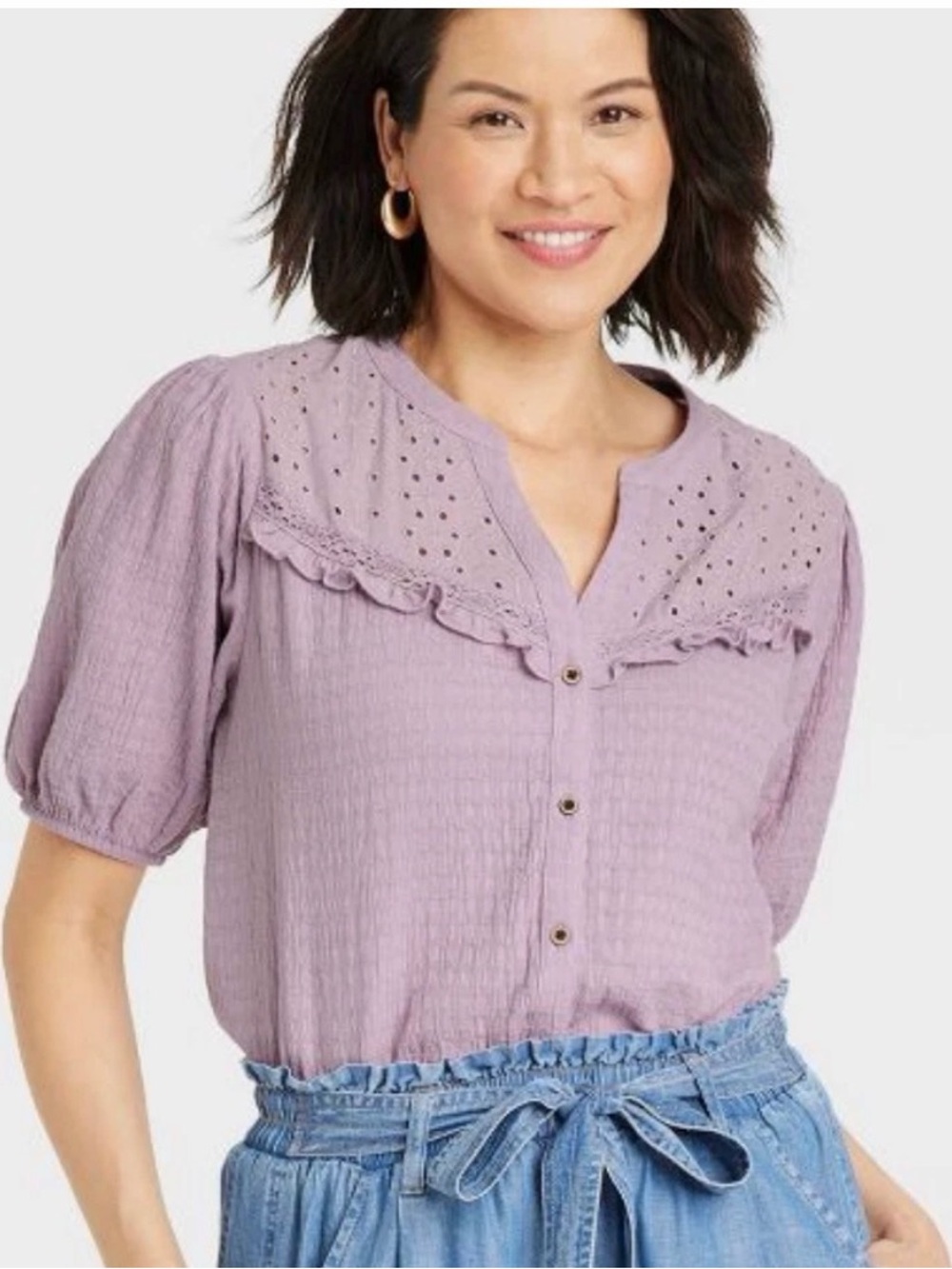 Knox Rose Purple Peasant Blouse Size XL Eyelet Embroidery Short Puff Sleeve Top - Picture 2 of 7